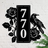 Personalized Gothic House Number metal Signs,Custom Address Number Metal Wall Art Decor,Black Plaques Outdoor wall Decorative Signage,Shed(8-30 Inches) (Crow Rose)