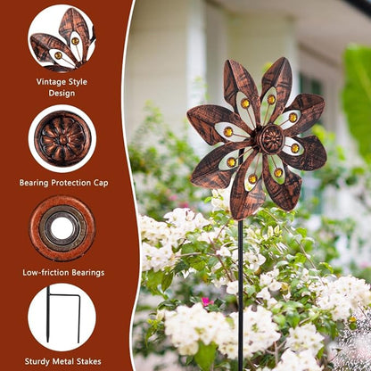 VEWOGARDEN 2 Pack Wind Spinners Outdoor, Metal Wind Spinner with Flower Design for Yard Garden Lawn Decorations, Antique Bronze