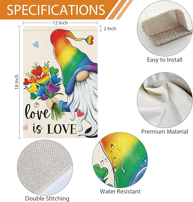 Heyfibro Rainbow Gnome Love is Love Pride Garden Flag 12x18 Double Sided Burlap, Pride Month Heart Bouquet Yard Sign for Gay Lesbian LGBTQ Outdoor Decoration (ONLY FLAG)