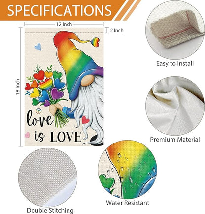 Heyfibro Rainbow Gnome Love is Love Pride Garden Flag 12x18 Double Sided Burlap, Pride Month Heart Bouquet Yard Sign for Gay Lesbian LGBTQ Outdoor Decoration (ONLY FLAG)