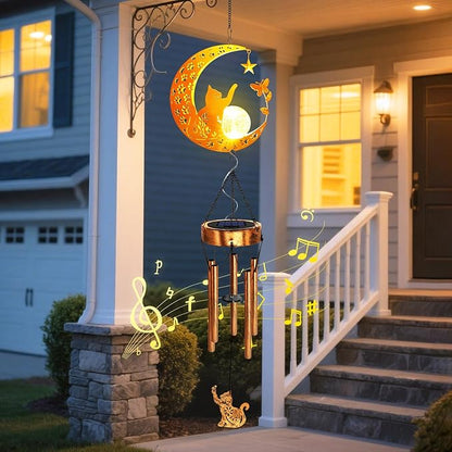 Solar Moon Cat Wind Chimes, Cat Lover Gifts for Mom Women Men Birthday Mothers Day, Hanging Outdoor Decor Cracked Glass Ball Memorial Large Wind Chimes, Decorations for Garden Yard Patio Porch