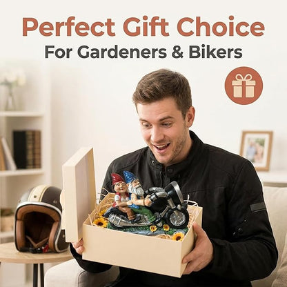 Cute Biker Gnome Couples Statue with Solar Lights - Biker Garden Gnomes Outdoor Funny Figurine - Solar Powered Motorcycle Statues Garden Ornament Art - Travel Gnome Figurine for Patio Yard Decor