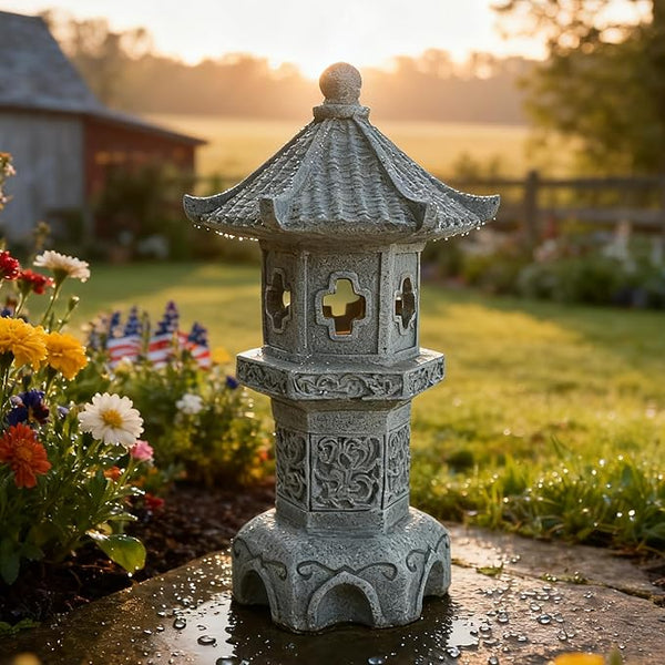 Zen Garden Pagoda Statue Solar Lantern Lights Outdoor Pathway Japanese Garden Decor for Backyard Patio Front Porch Zen Desk Yard Decoration Resin Asian Lantern Lawn Ornaments