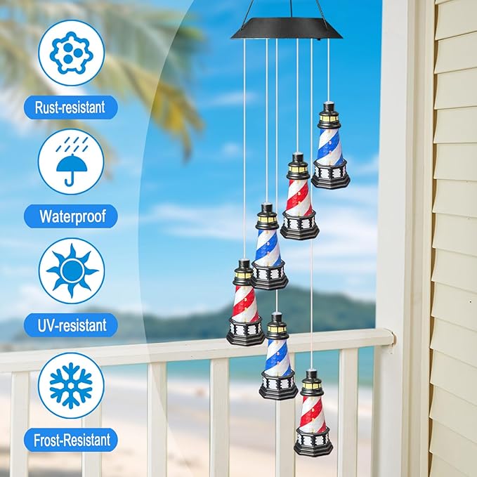 Solar Lighthouse Wind Chimes,YY Gardenia Hanging Lights Outdoor Garden Decoration,Lighthouse Gifts for Women,Yard,Outside,Porch,Patio
