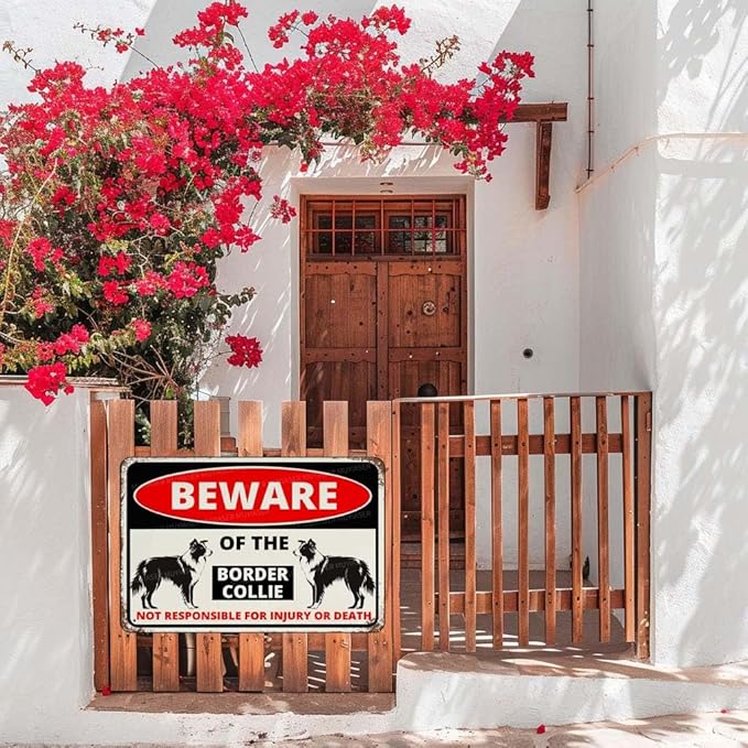 Beware Of The Dog Border Collie Sign Aluminum Metal Tin Signs Outdoor Yard Sign Warning Sign For Fence Yard Home Kitchen Farm Garden Wall Decor 8x12 Inch