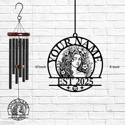Personalized Customize Name 12 Zodiac Signs Wind Chime, Metal Iron 37 Inch Outdoor Memorial Gift for Garden Yard Patio Home Decor, Black (Virgo)