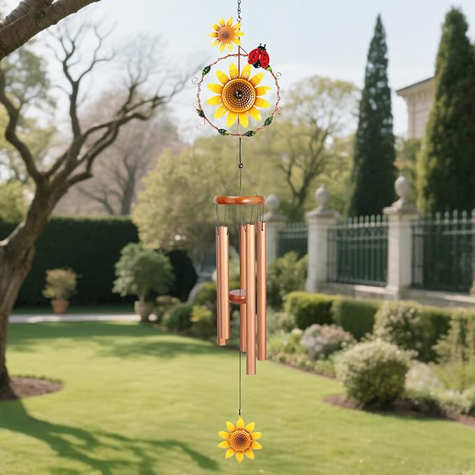 Sunflower Wind Chimes for Outside Metal Aluminum 46" Inches Wind Chime with Sunflower Outdoor Decor Large Unique Wind Chimes for Festivals/Birthday for Mom Dad Grandma Home Garden Patio Decor