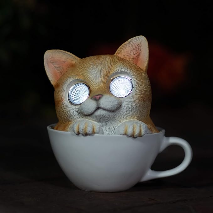 Blazin Cat in Cup Solar Garden Decorations Figurine | Outdoor LED Decor Figure | Light Up Decorative Statue Accents for Yard, Patio, Lawn, or Deck | Great Housewarming Gift Idea (Brown, 1 Pack)