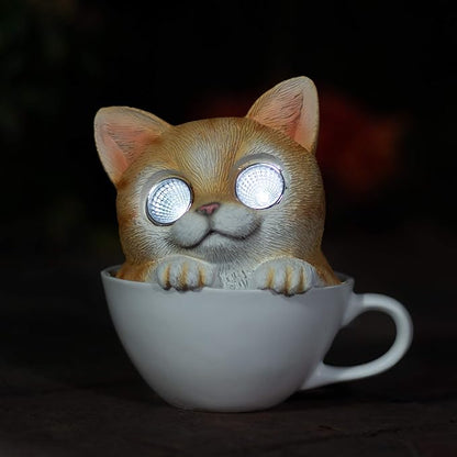 Blazin Cat in Cup Solar Garden Decorations Figurine | Outdoor LED Decor Figure | Light Up Decorative Statue Accents for Yard, Patio, Lawn, or Deck | Great Housewarming Gift Idea (Brown, 1 Pack)