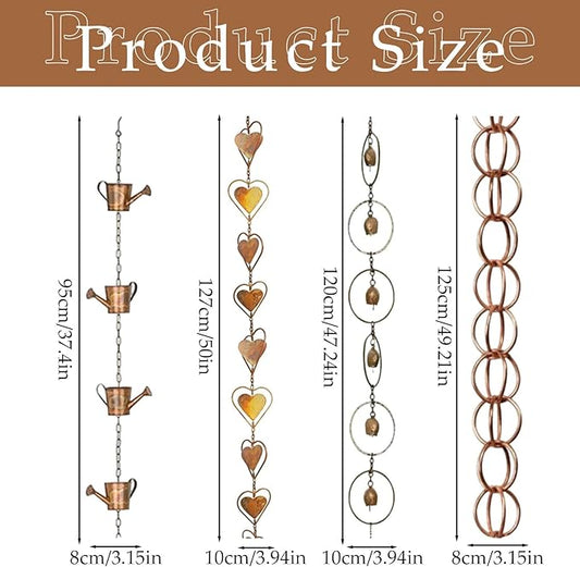 Copper Rain Chain for Gutters Vintage Outdoor Garden Patio Decorations Hanging Chimes Heart Circle Watering Can Metal Rain Chain Rustic Farmhouse Porch Backyard Outside Home Decor
