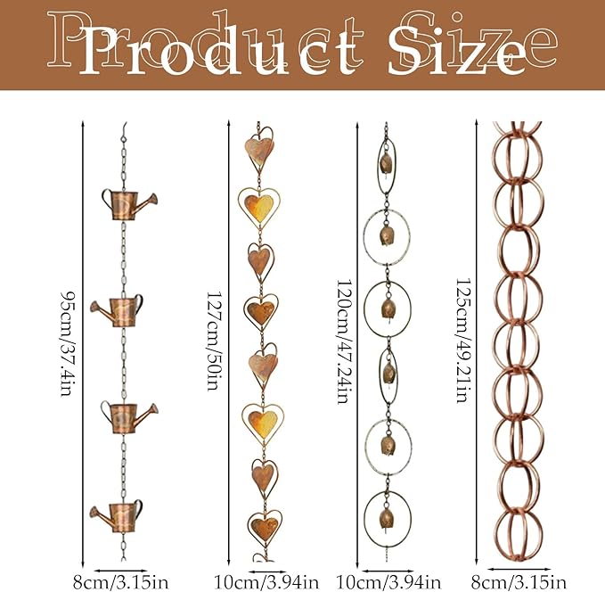 Faux Copper Heart-Shaped Rain Chain for Gutters and Downspouts Decorative Hanging Metal Rain Catcher Chain, Rustic Farmhouse Patio, Pergola & Backyard Decor
