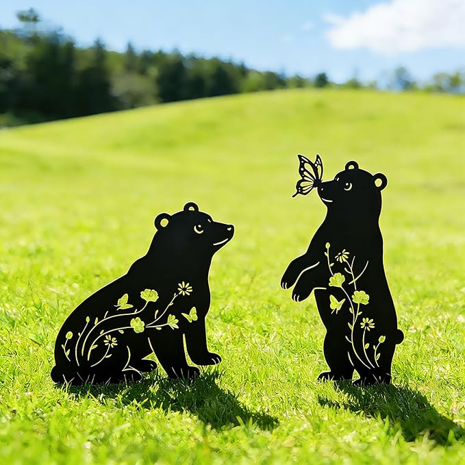 Bear Garden Decor for Outside, Metal Bear Decorative Garden Stakes Set of 2, Rust-Proof Black Silhouette Yard Art for Lawn,Patio,Backyard Outdoor Decorations, Gifts for Animal Lovers ﻿