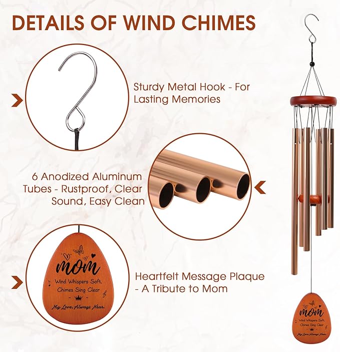 Wind Chimes for Outside, for Mom from Daughter Son with Gift Box, Deep Tones 6 Aluminum Tubes, Engraved Wood Sign, Thanksgiving for Mom, Garden Decor