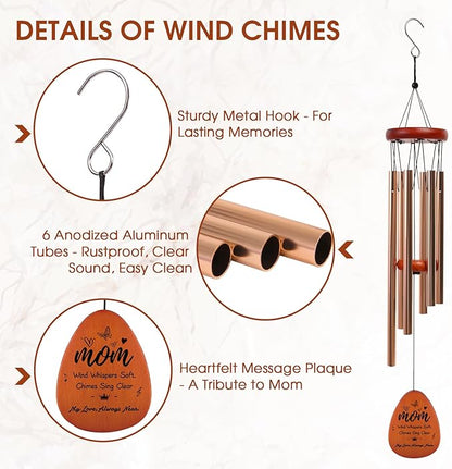 Wind Chimes for Outside, for Mom from Daughter Son with Gift Box, Deep Tones 6 Aluminum Tubes, Engraved Wood Sign, Thanksgiving for Mom, Garden Decor