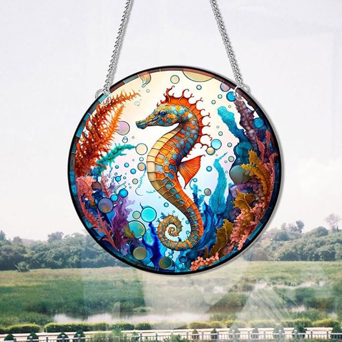 7.9'' Acrylic Window Hanging Decor,Stained Panel Hangings Decorative Acrylic Wall Decor Colorful Ornament Window Hangings for Outdoor Indoor Decor(Sea Horse)