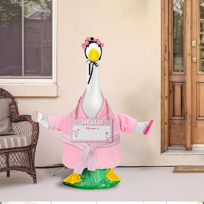 Winter Porch Goose Outfit for 23'' Cement Plastic Geese Statue, Pretty Lady Goose Outfit Clothes, Pink Bathrobe Lipstick Mirror for Outdoor Garden Lawn Yard Patio Decoration