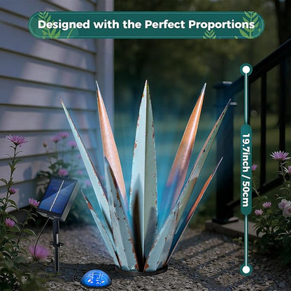 Solar Metal Agave Plant Garden Statue, Hand Painted Tequila Rustic Sculpture Outdoor Decor for Yard Patio Porch Lawn Courtyard Pond or Indoor Balcony Display
