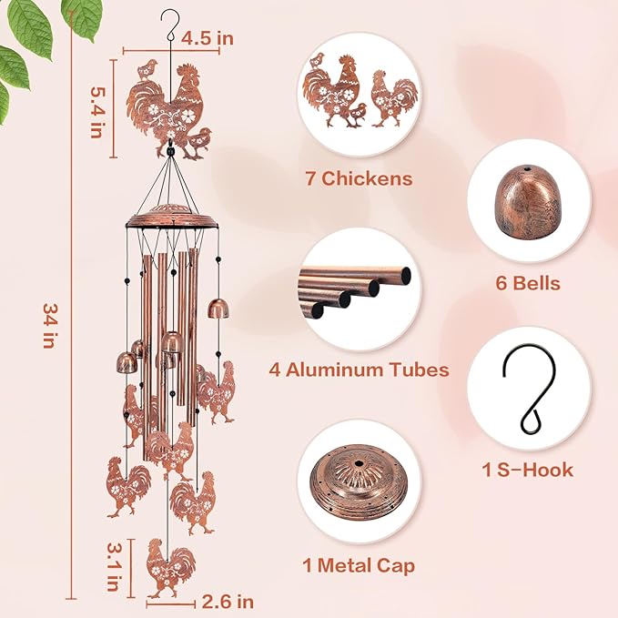Chicken Wind Chimes for Outside,Chicken Gifts for Women Men/Memorial/Birthday/Rooster Lovers Gifts Metal windchimes Outdoors/Indoors,Garden Decor,Patio,Home,Porch,Yard Decorations