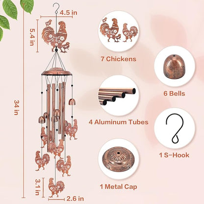 Chicken Wind Chimes for Outside,Chicken Gifts for Women Men/Memorial/Birthday/Rooster Lovers Gifts Metal windchimes Outdoors/Indoors,Garden Decor,Patio,Home,Porch,Yard Decorations