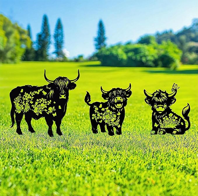 Metal Highland Cattle Decor for Outside,3 Piece Black Highland Cattle Silhouette Statues Garden Decor for Outside,Outdoor Decor,Yard Art,Lawn Ornaments,Gifts(Black Highland Cattle)