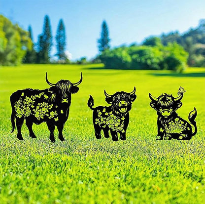 Metal Highland Cattle Decor for Outside,3 Piece Black Highland Cattle Silhouette Statues Garden Decor for Outside,Outdoor Decor,Yard Art,Lawn Ornaments,Gifts(Black Highland Cattle)