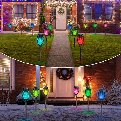 IkeeRuic 12Pack Christmas Yard Decorations, Multicolor Christmas Solar Lights for Outside Decor, LED Solar Flame Lights Outdoor for Xmas Decor, Waterproof Luces Solares for Yard Patio Garden Pathway