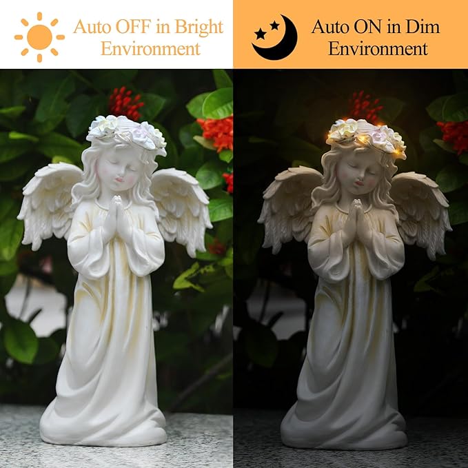 Angel Garden Statue,Memory Guardian Solar Garden Decor with Warm Light,Waterproof Outdoor Garden Decor Praying Angel Figurine Sculpture for Lawn Yard Patio,Sympathy Present,White