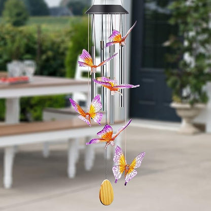 Butterfly Solar Wind Chimes with Aluminum Tubes - Color Changing Wind Chimes for Outside - Thanksgiving Gift