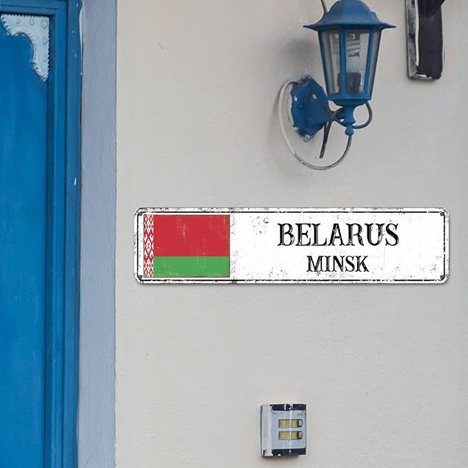 Personalized Belarus Street Sign Belarus Flag Signs Capital City of Belarus Metal Sign Road Vintage Metal Rustic Wall Art Country City Indoor & Outdoor Decor for Home Man Cave Door Porch 24x6in