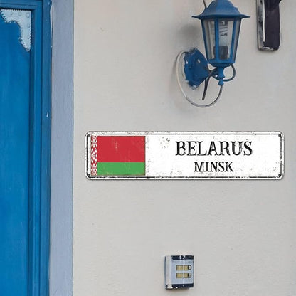 Personalized Belarus Street Sign Belarus Flag Signs Capital City of Belarus Metal Sign Road Vintage Metal Rustic Wall Art Country City Indoor & Outdoor Decor for Home Man Cave Door Porch 24x6in