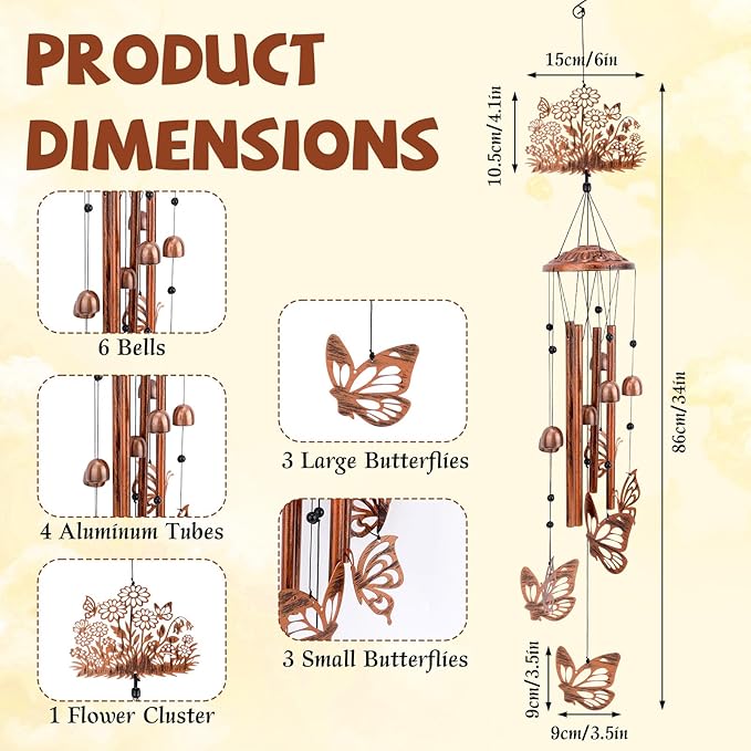 Wind Chimes for Outside, Butterfly & Flower Metal Wind Chimes with Aluminum Tubes for Garden Patio Yard Outdoors Home Decor Birthday Memorial & Housewarming Women Mom Gift Decoration
