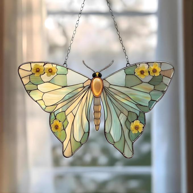 Floral Luna Moth Handmade Resin Suncatchers Artisan Sun Catcher Stained Glass Effect Window Hanging Garden Decor for Mom