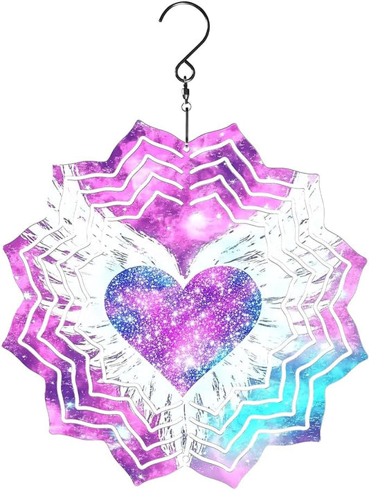 8 Inch Sublimation Wind Spinner, 3D Aluminum Metal Wind Spinner with Hook, Indoor Yard Garden Hanging Decoration, Weather Resistant Rotating Spiral Ornament, Winged Galaxy Heart