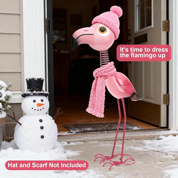 Pink Flamingo Metal Garden Statue, Life Size 35" Cute Spring-Neck Bobble Flamingo with Big Eyes & Long Legs, Adorable Metal Yard Decor for Lawn, Garden or Patio, Rustproof Iron Sculpture