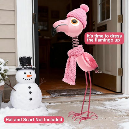 Pink Flamingo Metal Garden Statue, Life Size 35" Cute Spring-Neck Bobble Flamingo with Big Eyes & Long Legs, Adorable Metal Yard Decor for Lawn, Garden or Patio, Rustproof Iron Sculpture