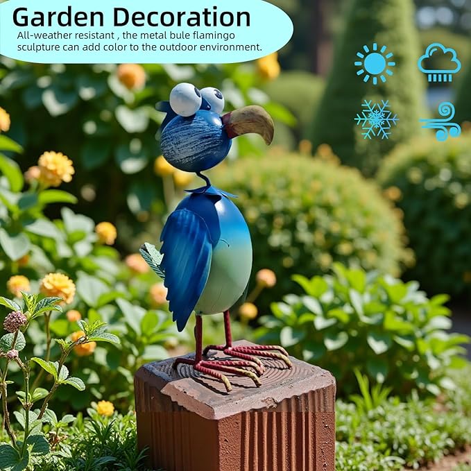 Metal Flamingo Yard Decor Garden Statue Outdoor Art Blue Flamingos Christmas Decorations Sculptures for Patio Backyard Porch Lawn Ornaments Unique Gifts