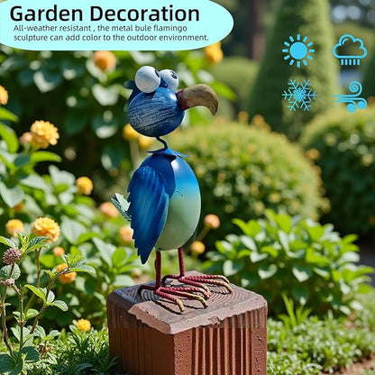 Metal Flamingo Yard Decor Garden Statue Outdoor Art Blue Flamingos Christmas Decorations Sculptures for Patio Backyard Porch Lawn Ornaments Unique Gifts
