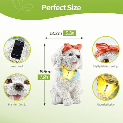 7.67" Solar Dog Garden Statue with Butterfly Light, Cute Resin Puppy Outdoor Decor, Waterproof Solar Powered Animal Statue for Yard, Lawn, Patio, Garden