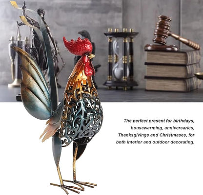 Decorative Iron Rooster Sculpture, Carved Metal Rooster Statue for Garden, Deck, Home, & Friendly, Hollow Design & Detachable Tail, Versatile Indoor Outdoor Decoration,