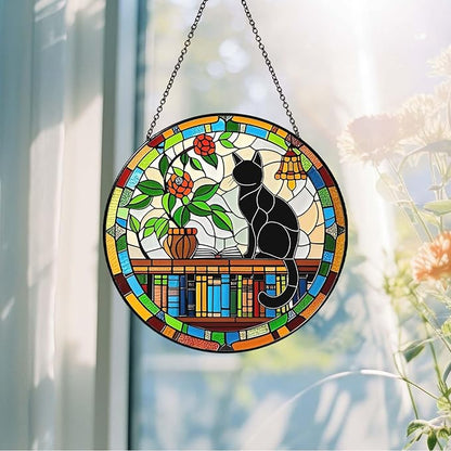 Cat Sun Catcher Stained Glass Window Hanging 6'', Book Lover Gifts for Women Book Wall Decor Handmade Sun Catcher Black Cat Sitting On Bookshelf Decoration for Home Room Housewarming Gifts