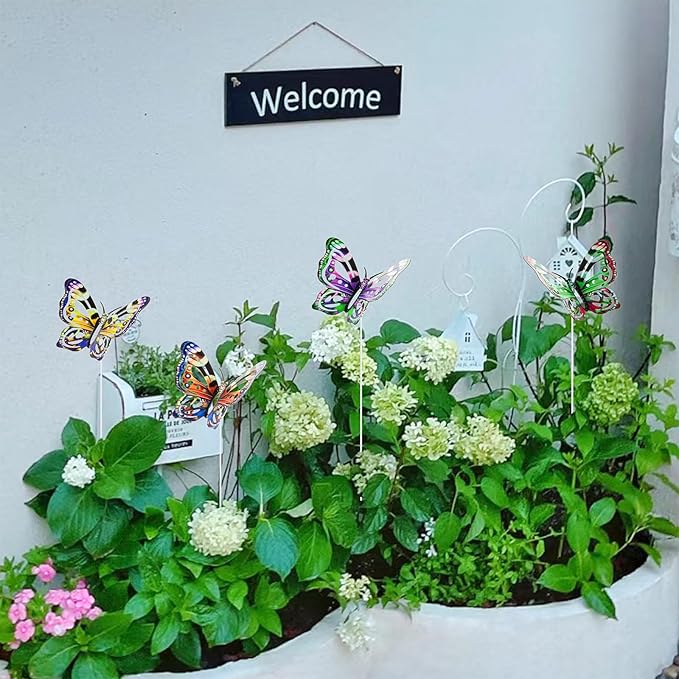 4Pcs Butterfly Garden Stakes Decor, Colorful Butterflies Decorations, Metal Yard Art for Outdoor Lawn Porch Pathway Yard Patio Plant Pot Ornaments (Butterfly- A)