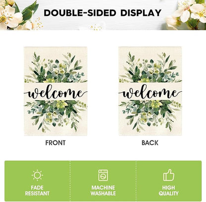 AVOIN colorlife Spring Summer Floral Welcome Garden Flag 12x18 Inch Double Sided Outside, Eucalyptus Seasonal Farmhouse Yard Outdoor Flag
