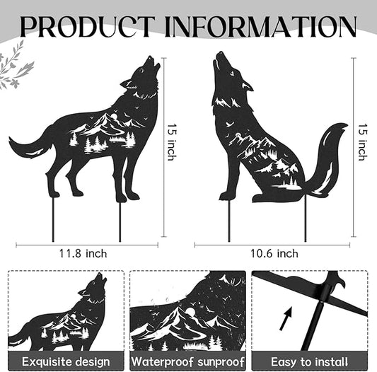 Wolf Garden Stakes Decorations - 2 Pcs Metal Howling Animals Silhouette Outdoor Statues Black Decorative Yard Sculpture Gifts Art Personalized Outside Decors for Patios Lawn Pathway Backyard