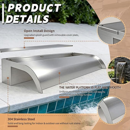 Curved-Mouth Waterfall Pool Fountain, Stainless Steel Waterfall Spillway with Pipe Connector Kits for Outdoor Decorative, 11.8 Inches Pool Water Feature for Garden Patio, Backyard Koi Pond Decor