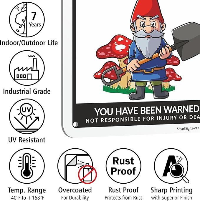 SmartSign Funny Beware Of Gnomes Warning Sign - 10"x7", 40 mil Laminated Rust-free Aluminum - Metal Signs for Wall Decor, Outdoors, Patio, Gifts, Bar, Club, Cafe - Gnomes Theme, Made in USA