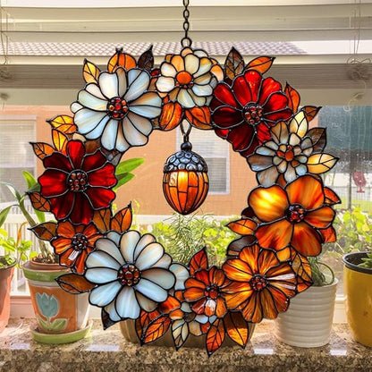 Autumn Floral Wreath Acrylic Suncatcher Stained Glass Effect Window Car Hanging Christmas Ornament Indoor Outdoor Decor Garden Sun Catcher Panel for Acrylic Suncatcher Lover for Women Mom Grandma