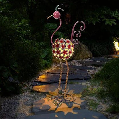 Afirst Solar Flamingo Outdoor Decor Metal Flamingo Figurine Light with Flowers Pink Flamingos Solar Sculptures & Statues for Yard Outdoor Lawn Decoration