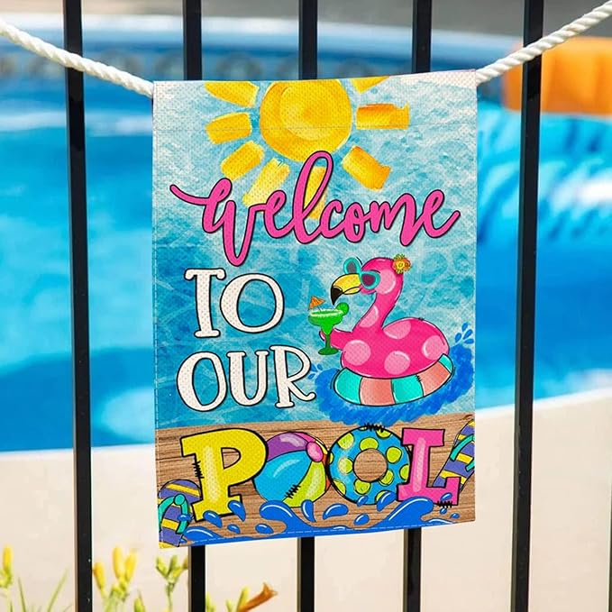 Baccessor Summer Pool Flamingo Garden Flag Double Sided Summer Welcome Pool Small Yard Flag Double Sided 12x18 Inch Burlap Vertical Seasonal Farmhouse Yard Outdoor Decoration
