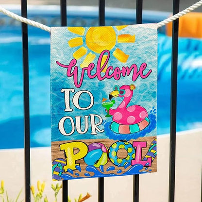 Baccessor Summer Pool Flamingo Garden Flag Double Sided Summer Welcome Pool Small Yard Flag Double Sided 12x18 Inch Burlap Vertical Seasonal Farmhouse Yard Outdoor Decoration