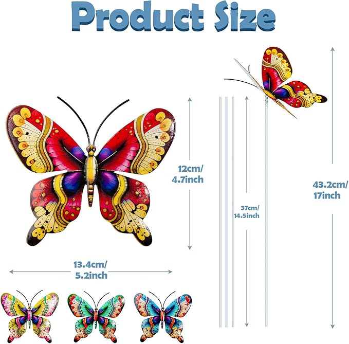 4Pcs Butterfly Garden Stakes Decor, Colorful Butterflies Decorations, Metal Yard Art for Outdoor Lawn Porch Pathway Yard Patio Plant Pot Ornaments (Butterfly- C)